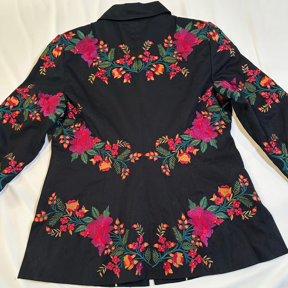 Spirit Embroidered Floral Jacket | Black Cotton Zip Folk Art Coat - M - Picture 2 of 9